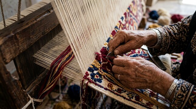 Close up of artisan hands weaving colorful textile on loom.