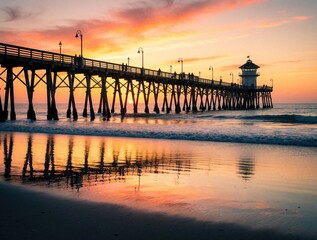Fototapeta premium Golden sunset illuminates wooden pier over calm ocean water. People walk along bridge structure under orange sky. Reflection of light glows on wet sand beach shore. Coastal landscape view features