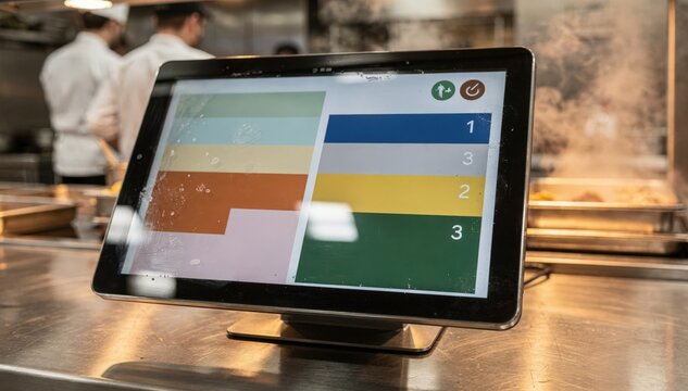 Closeup medium shot of a digital menu screen on a buffet counter highlighting dish names and allergens prominently kitchen activity softly blurred behind.