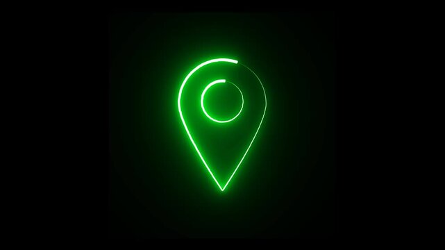 Green glowing location icon animation vertical video. Animated neon green glowing map pin indicating location on a transparent background