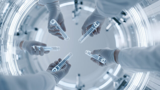 Hands in gloves holding test tubes in a futuristic laboratory setting.