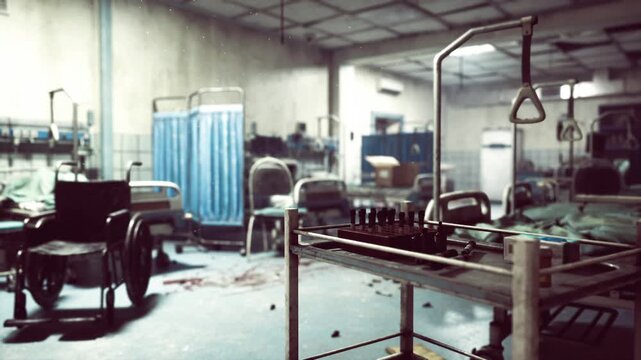 surgical bay in disarray with instruments and blue curtains, cluttered trolleys and bowls, dim ambient light and scattered medical supplies create tense,