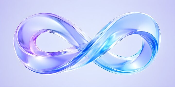 Abstract 3D render background, purple and blue translucent glass infinity loop shape. Modern liquid crystal form with light refraction and soft gradient on a clean white backdrop