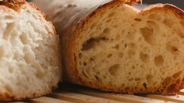 Baguette Bread torn apart by hand, fresh baguette crumb close-up macro shot showing soft airy texture