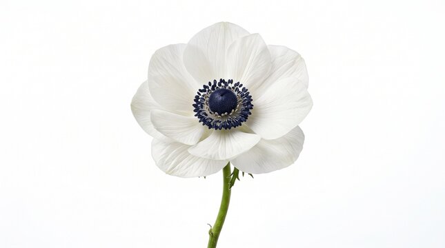 White anemone flower with dark center isolated on white background with blue center arrangement blossoming springtime wildflower botanical