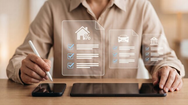 Digital loan application and online mortgage approval, person using a stylus on a tablet for financial services.
