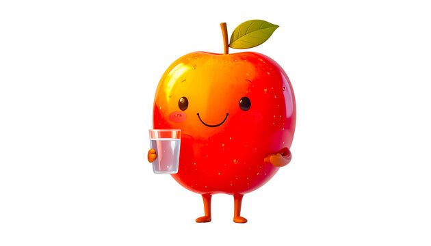 Cute kawaii 3d red apple character with happy face holding glass of water on transparent background, concept of healthy lifestyle and hydration