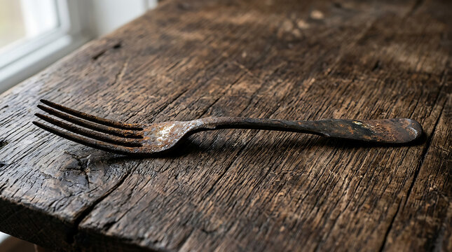 Old rusted metal fork on wooden surface.