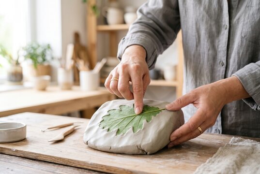 Pressing a large green oak leaf into a mound of soft grey modeling clay to create a botanical impression