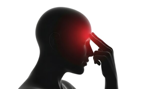Headache concept: Silhouette of person touching forehead with red glowing pain