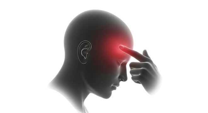 Headache and stress concept: Hand pointing to painful forehead on human head silhouette with red glow.