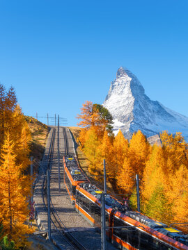 Passenger train on a railway in Zermatt, Switzerland. Autumn nature in the Alps. Vertical photo. Train passes through autumn forest with Matterhorn peak in background.