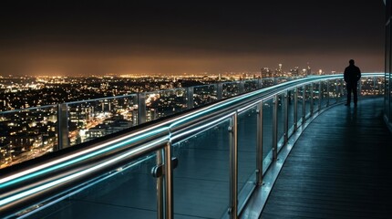 Fototapeta premium Modern observation deck with illuminated handrails overlooking a glowing cityscape at night