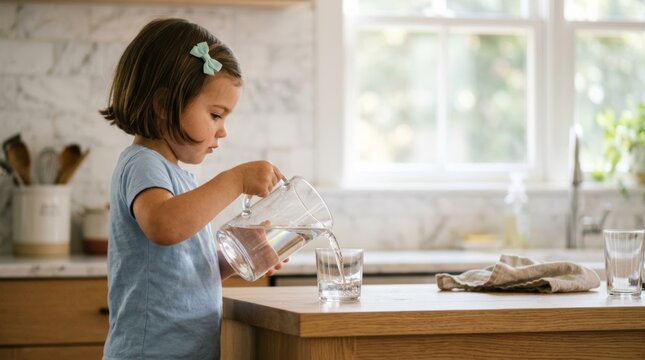 Child pours water from pitcher into glass in a bright kitchen, side-profile documentary moment with natural light and soft bokeh