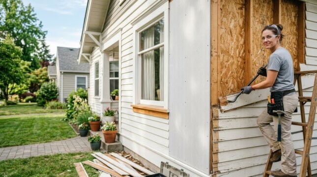 Woman removing old siding from house during renovation, exterior home repair on sunny day
