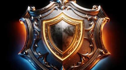Fototapeta premium Ornate metallic shield symbol of digital security. Shiny gold steel protection emblem represents cyber defense, network safety. Glowing iron armor sign provides firewall guard for server data.