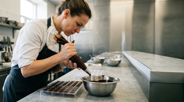 Pastry chef piping chocolate into mold for artisanal candy making in a modern bright kitchen