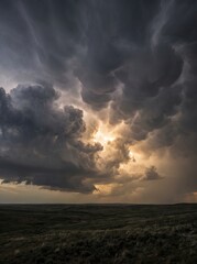 Obraz premium Dramatic sunset light breaking through dark heavy storm clouds over a vast open prairie landscape