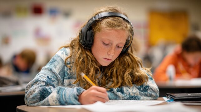 Student with headphones immersed in language dictation activity writing on a worksheet with a blurred classroom scene creating depth behind.