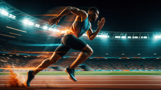 Athlete sprints on a track with motion blur lines showing extreme speed. Intense energy radiates as runner competes in stadium under bright lights. Focus and determination on face.