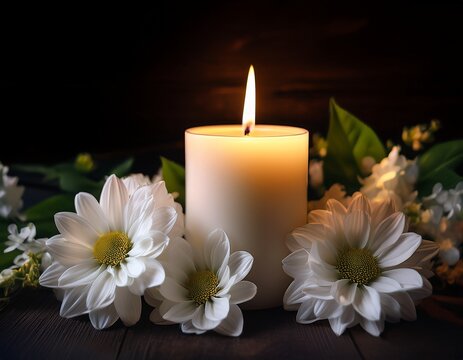 lit candle white flowers dark background remembrance sympathy