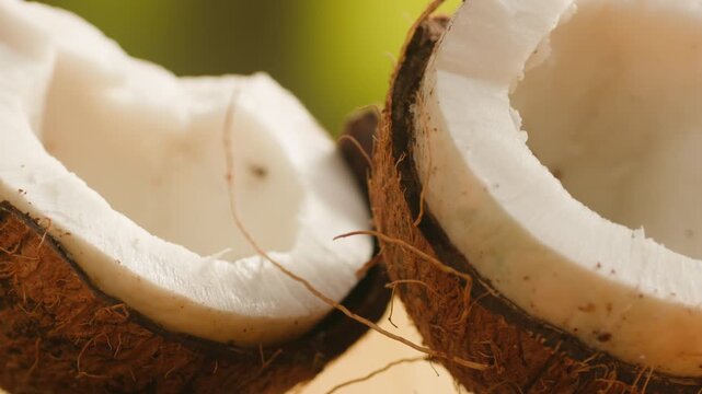 Coconut, Fresh whole and halved coconut isolated on a white background. Tropical exotic fruit with natural brown shell and white flesh. Healthy organic food, vegan ingredient, summer, close-up.