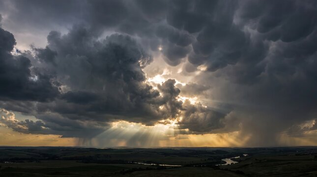 Dramatic sunset sky with golden sun rays breaking through dark heavy storm clouds over a flat horizon