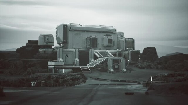 communications hub modules surrounded by coiled cables and raised platforms, service boxes and junctions visible, utilitarian overcast mood