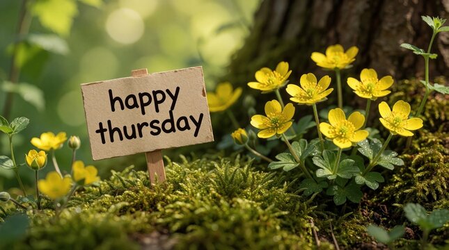 Happy Thursday sign stands in green moss next to yellow spring flowers. Small wooden card with text message placed among bright plants near tree trunk. Cheerful greeting card outdoor in sunny forest