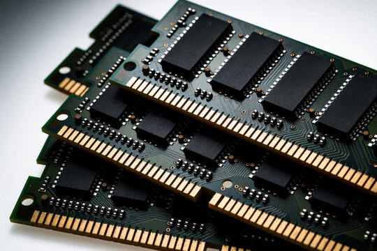 Close up of vintage computer RAM memory modules on white background. Old electronic hardware components for desktop PC system. Retro green circuit board with black chips for data processing.