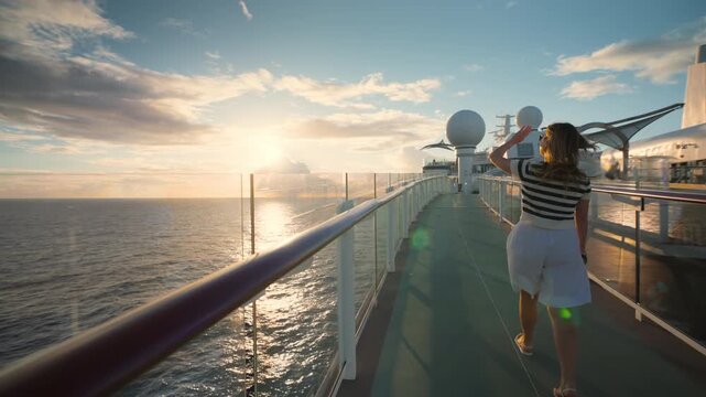 Young woman in striped shirt and white shorts strolls along sleek cruise ship deck at golden hour, shielding eyes from warm sunset light reflecting off calm ocean waters under dramatic cloudy skies.