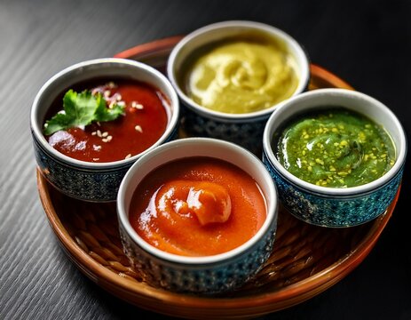 close up of a variety of colorful thai dipping sauces served in bowls with rich colors and textures for culinary delight