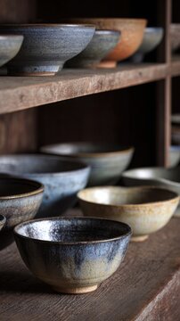 Ultra realistic professional still life photography of handmade ceramic bowls and vases arranged naturally on rustic wooden shelves inside a pottery
