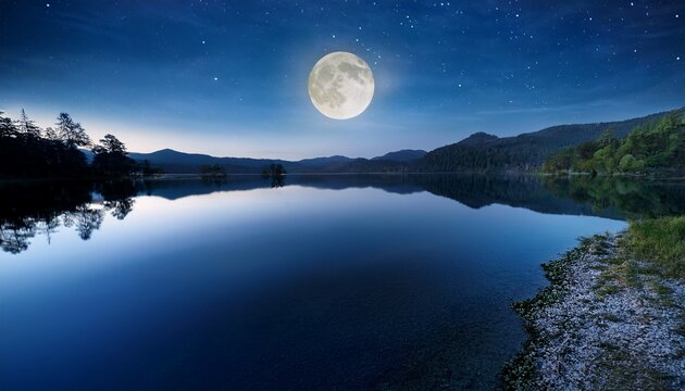 moonlight shines over a tranquil lake at night scenic nature view
