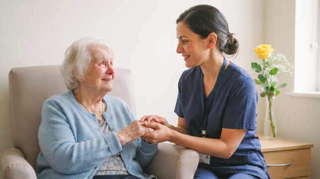 Compassionate Care: A caring healthcare professional gently holds the hands of an elderly woman, offering comfort and support in a warm, sunlit room. This image conveys kindness, empathy.