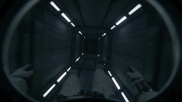 First person POV view of astronaut floating through spaceship corridor