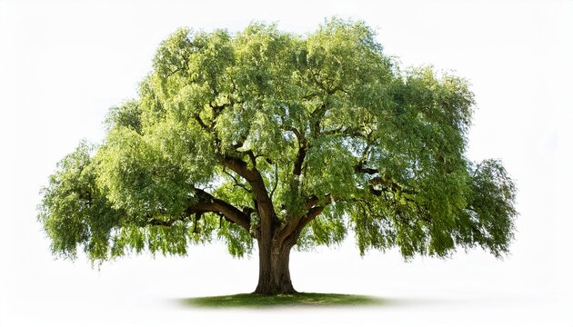 willow oak tree with green leaves isolated on a white background for nature and botanical design
