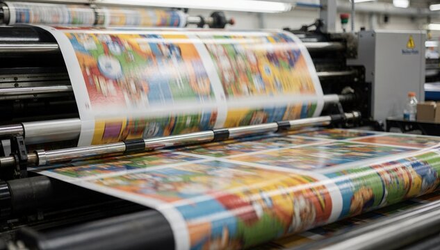 Focused view on a single sheetfed press flying childrens book pages through the pressroom vibrant colors pop against a blurred industrial background.