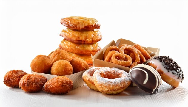 sugary treats and fried foods on white