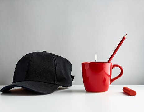minimalist red coffee mug black candle and baseball cap with red pencil on white table