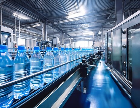 water bottles moving along a conveyor belt in an industrial bottling plant production line