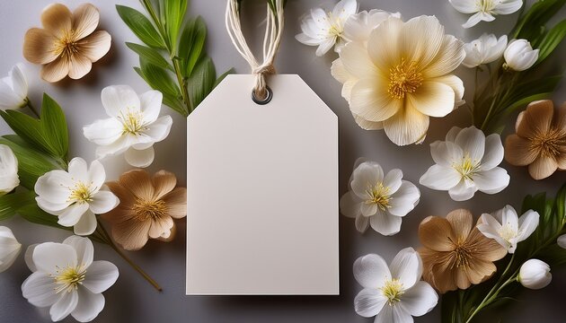 blank gift tag with spring flowers use for floral branding
