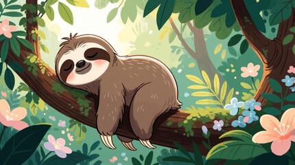 Fototapeta premium Cute sloth slepic peacefully on tree branch in lush green forest. Tropical jungle foliage and colorful flowers surround animal. Sunlight filters through leaves creating calm natural scene.