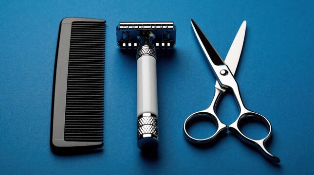 Men grooming tools including a black comb, silver and white razor, and shiny scissors arranged neatly on a blue background. Classic tools for personal care and styling.