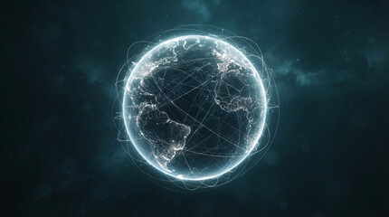 Naklejka premium Global communication network on planet Earth sphere, futuristic 3D digital world map with glowing data lines, high-tech telecommunication connectivity concept illustration for commercial background