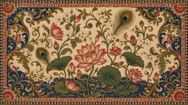 Radha Ashtami Kalamkari Textile Painting Lotus Peacock Feather Pattern Background