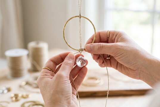 Hands tying a glass crystal to a brass ring with natural twine to make a suncatcher