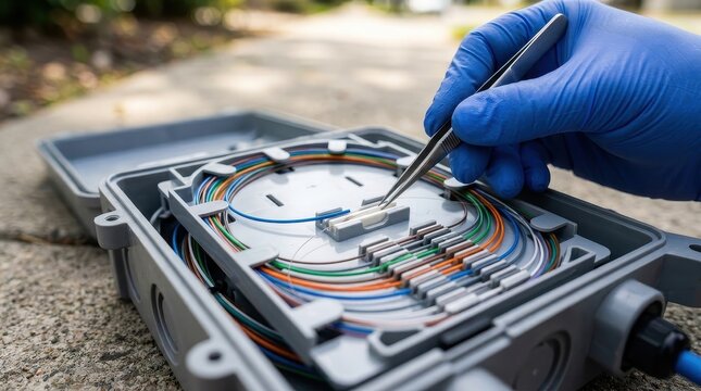 Macro photo of a technician using precision tweezers to splice optical fiber in a junction box