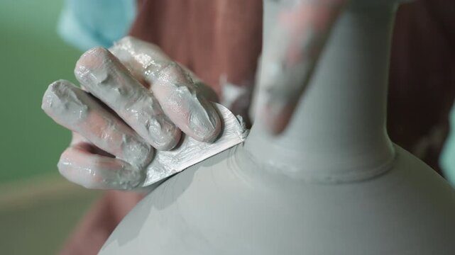 Closeup hands scraping clay rim with metal scraper, instructor demonstrates trimming technique on spinning wheel, wet clay shedding under careful pressure, teaching moment in sunlit studio