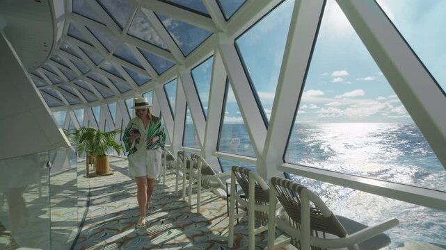 Stylish woman in sun hat and green tropical cover-up walks through futuristic glass-enclosed observation deck on luxury cruise ship.